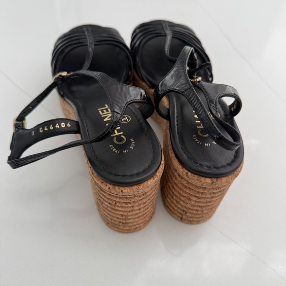 CHANEL Black Patent leather Cork Heel Platform Wedges CC Logo - Picture 3 of 10